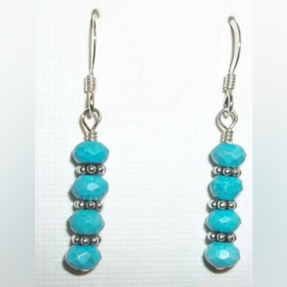 Faceted Blue Turquoise & Sterling Earrings Linear Petite Natural Gemstone Stacks